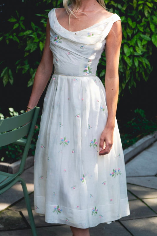 Ceil Chapman 1950's White Linen Dress with Embroidered Flowers