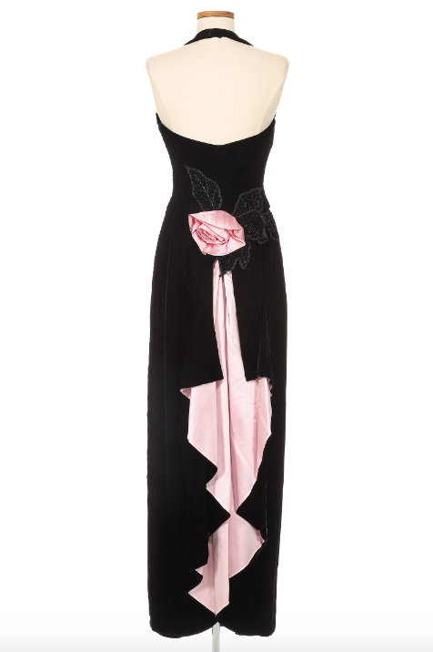 Paul-Louis Orrier Black Velvet Gown with Pink Silk Flower