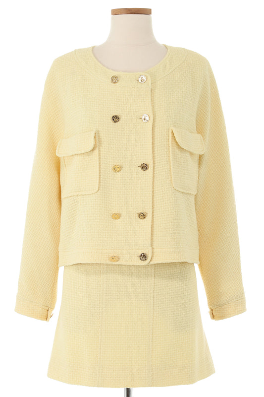 Chanel Spring 1988 Yellow Tweed Skirt Suit With Gold Buttons