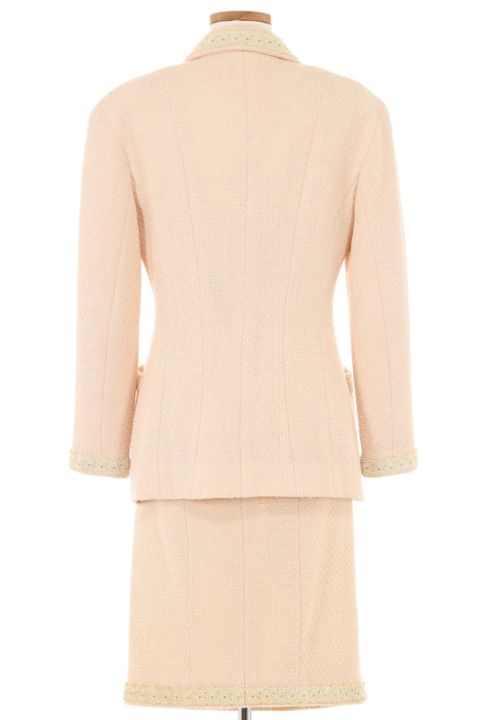Chanel 1980s Light Pink Tweed with Cream Embroidery Skirt Suit