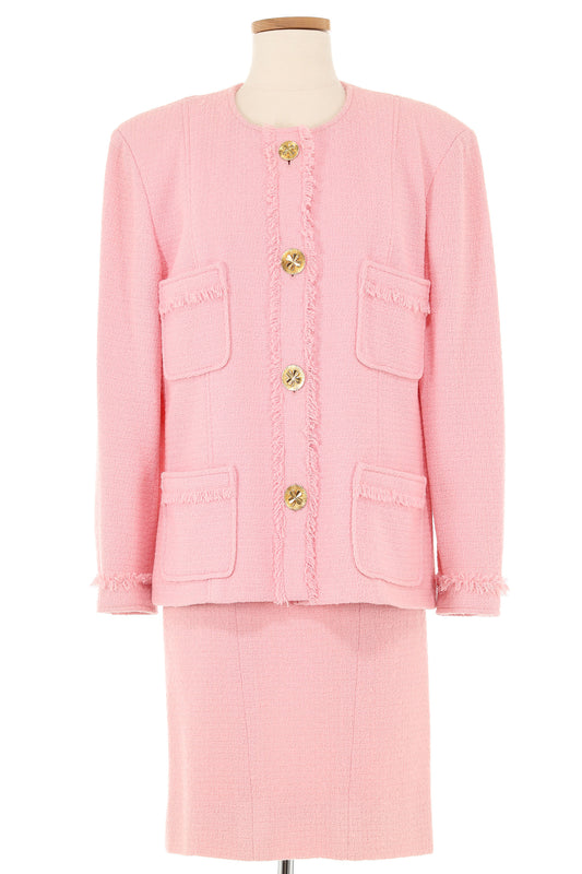 Chanel Fall 1990 Pink Skirt Suit with Clover Buttons
