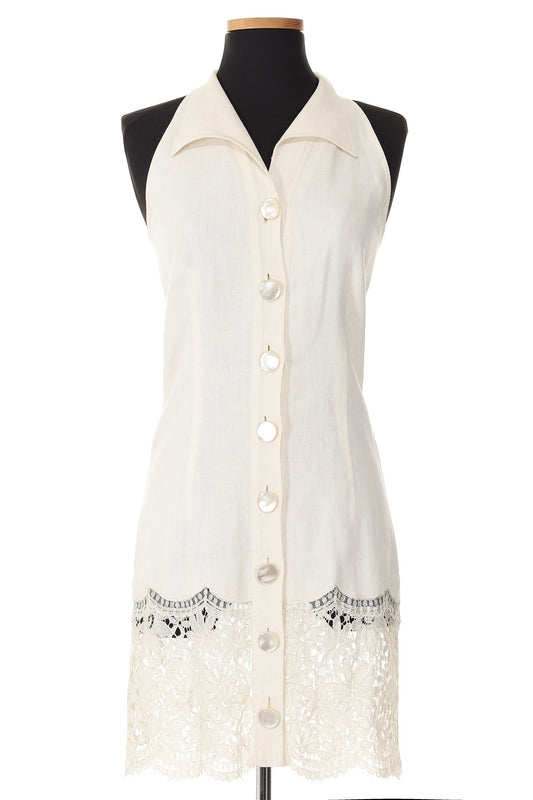 Valentino White Linen Dress With Lace Hem & Matching Vest