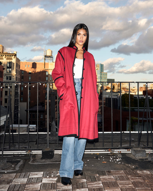 YSL Rive Gauche 1970s Red Wool Mandarin Collar Coat