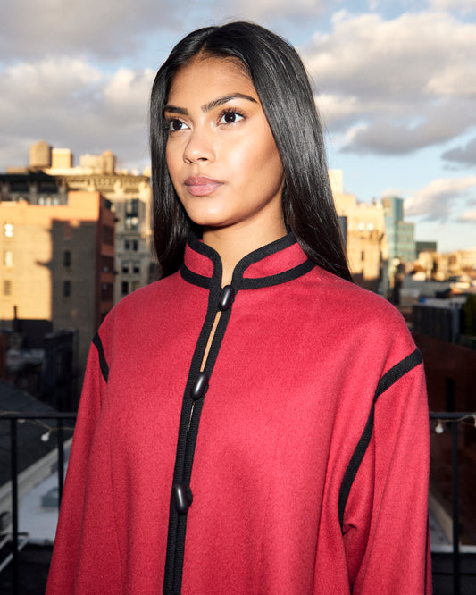 YSL Rive Gauche 1970s Red Wool Mandarin Collar Coat