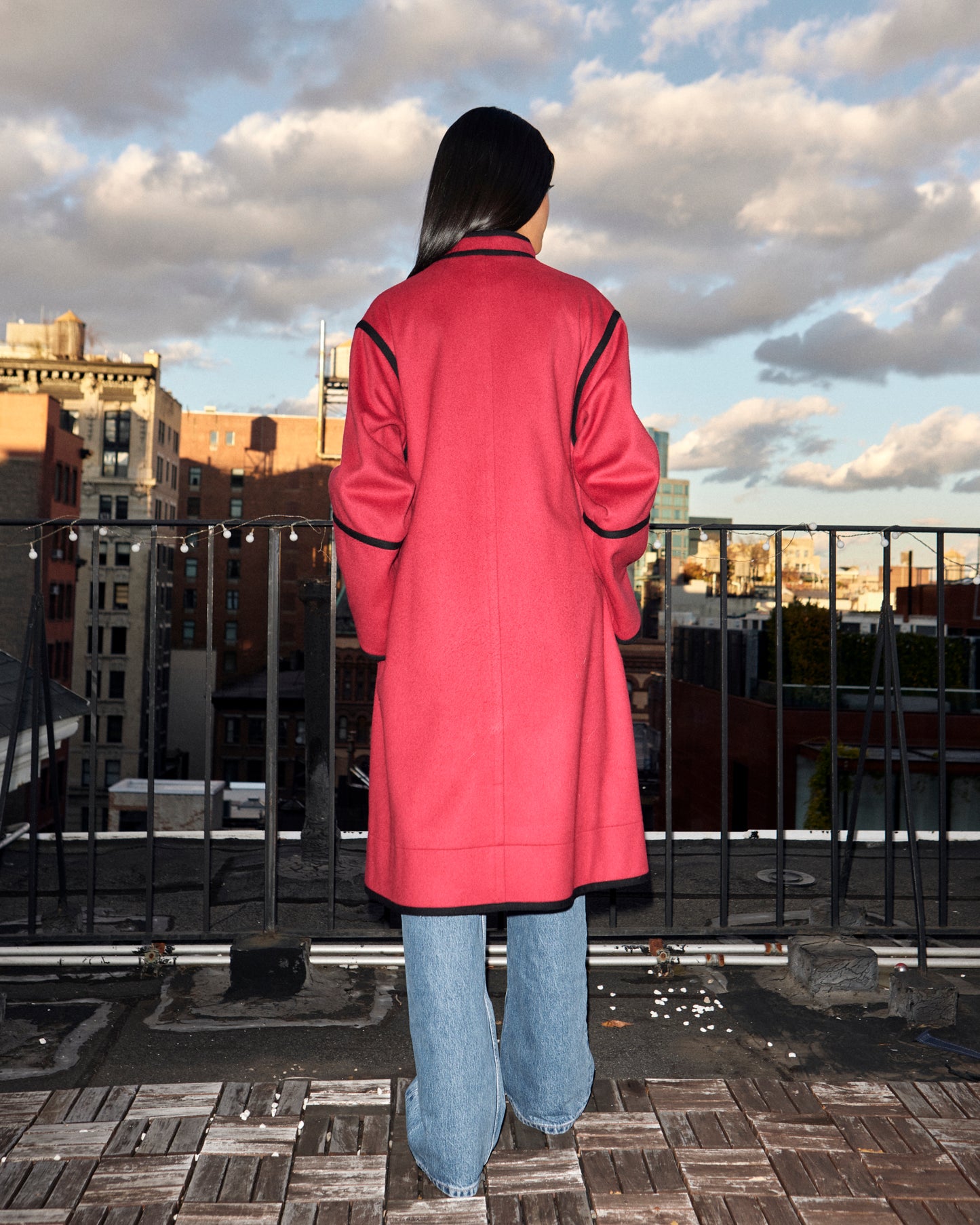 YSL Rive Gauche 1970s Red Wool Mandarin Collar Coat