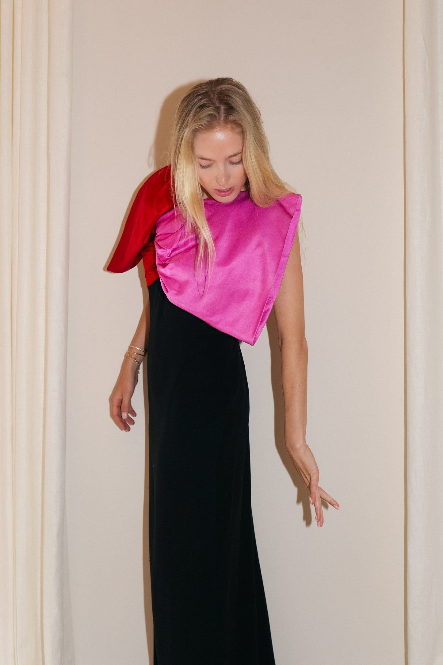 Bill Blass 1970's Black Evening Dress with Pink and Red Bow