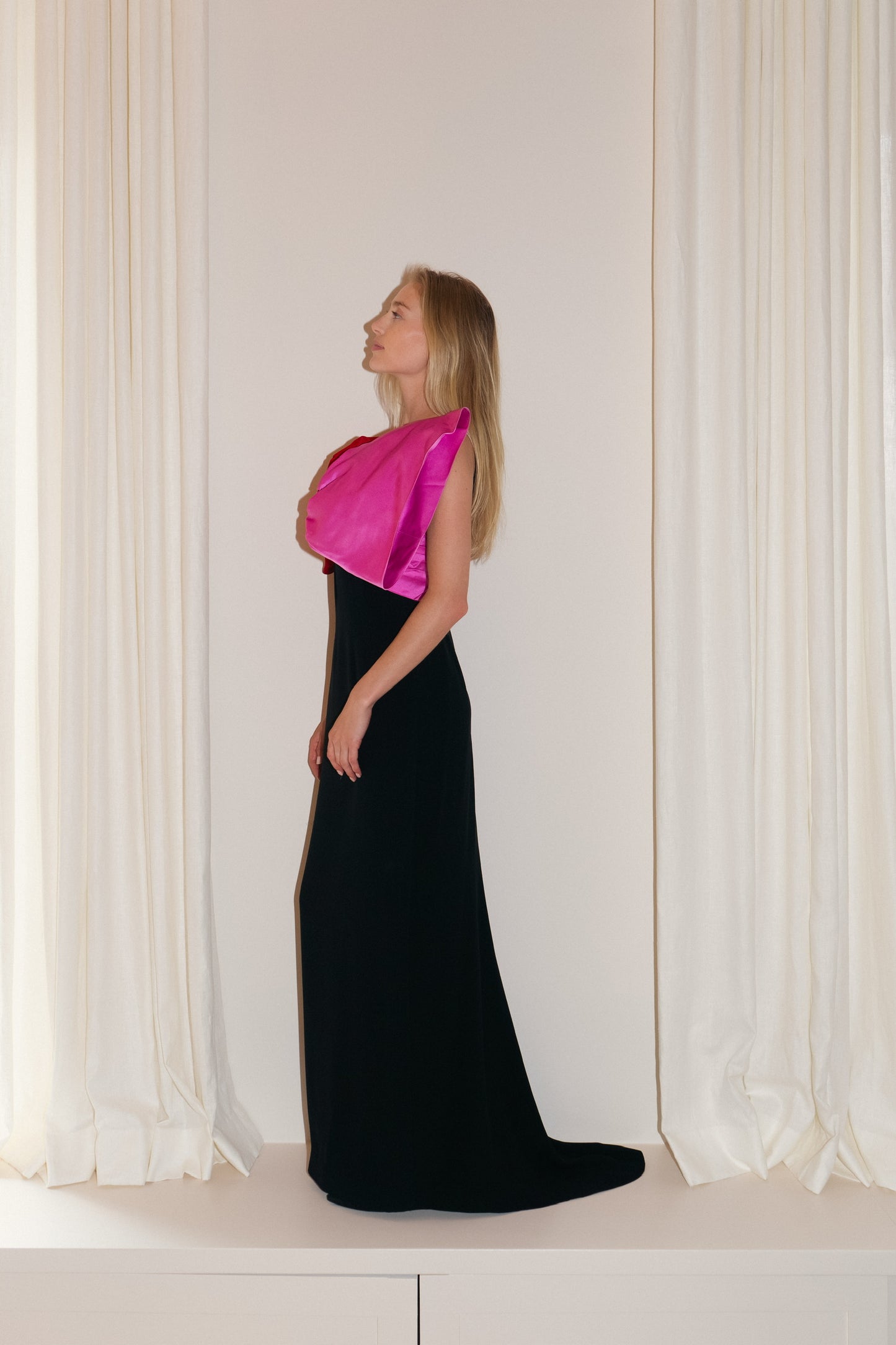 Bill Blass 1970's Black Evening Dress with Pink and Red Bow