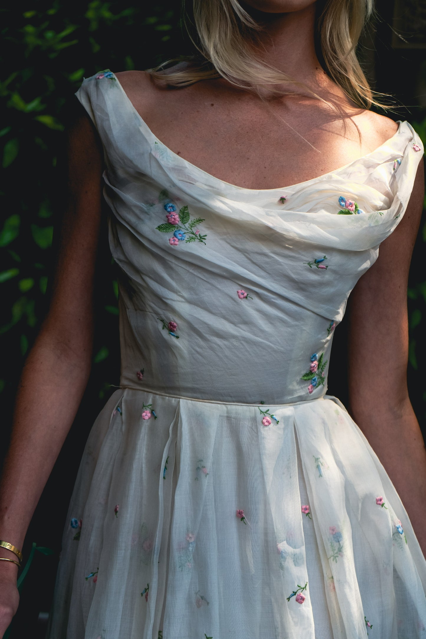 Ceil Chapman 1950's White Linen Dress with Embroidered Flowers