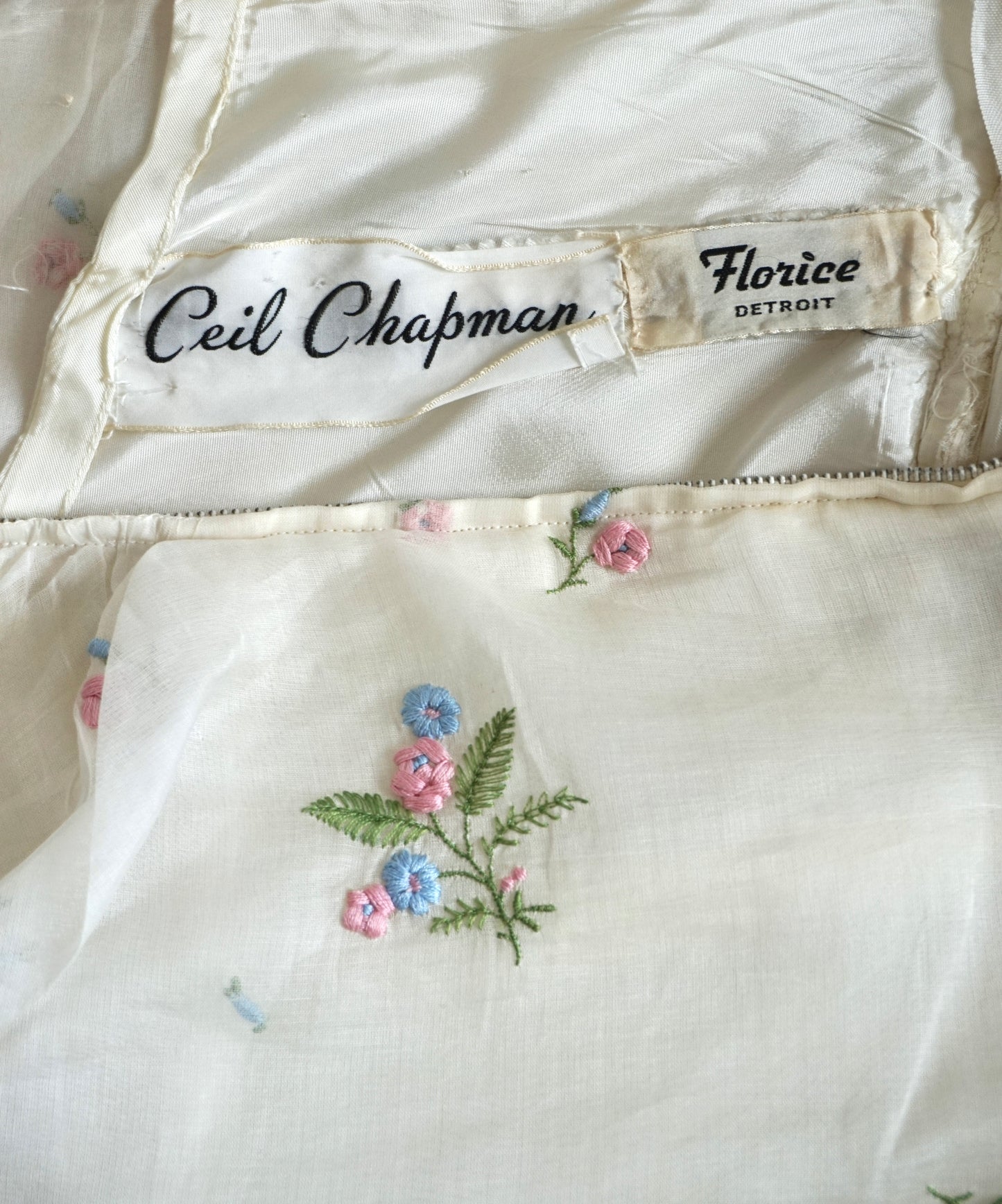 Ceil Chapman 1950's White Linen Dress with Embroidered Flowers