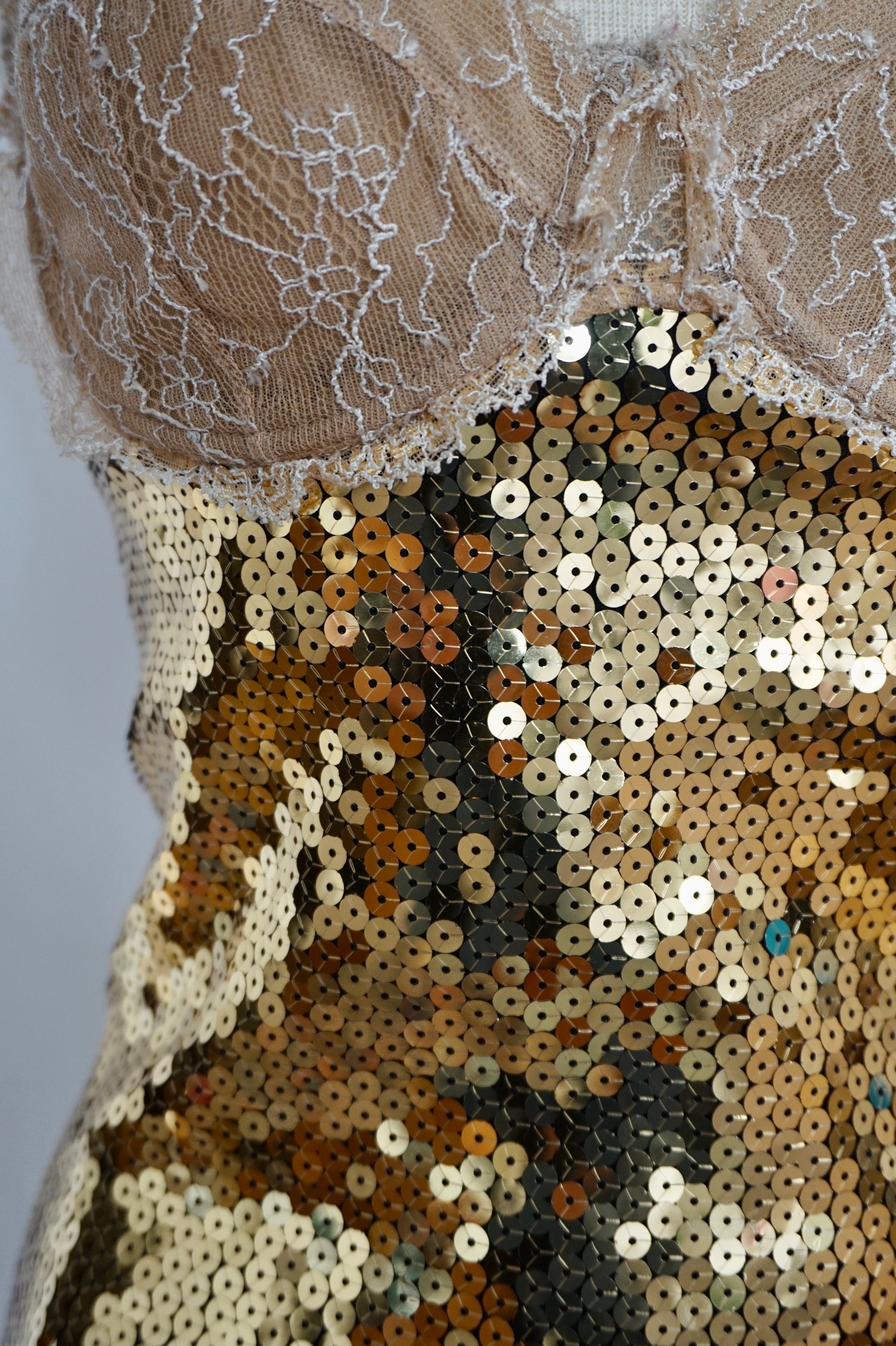 90s Vintage Dolce and Gabbana Bronze sequin corset top featuring exposed bra  40 For Sale at 1stDibs