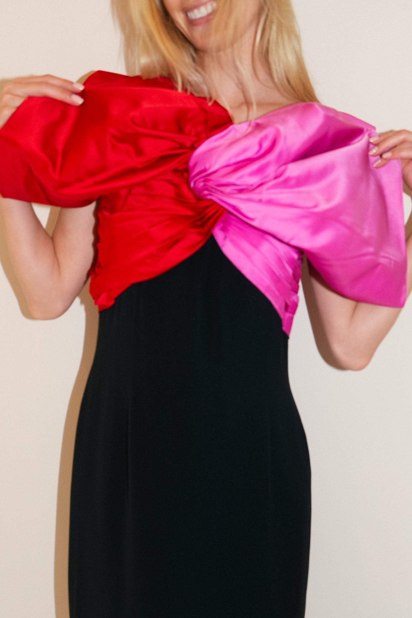 Bill Blass 1970's Black Evening Dress with Pink and Red Bow