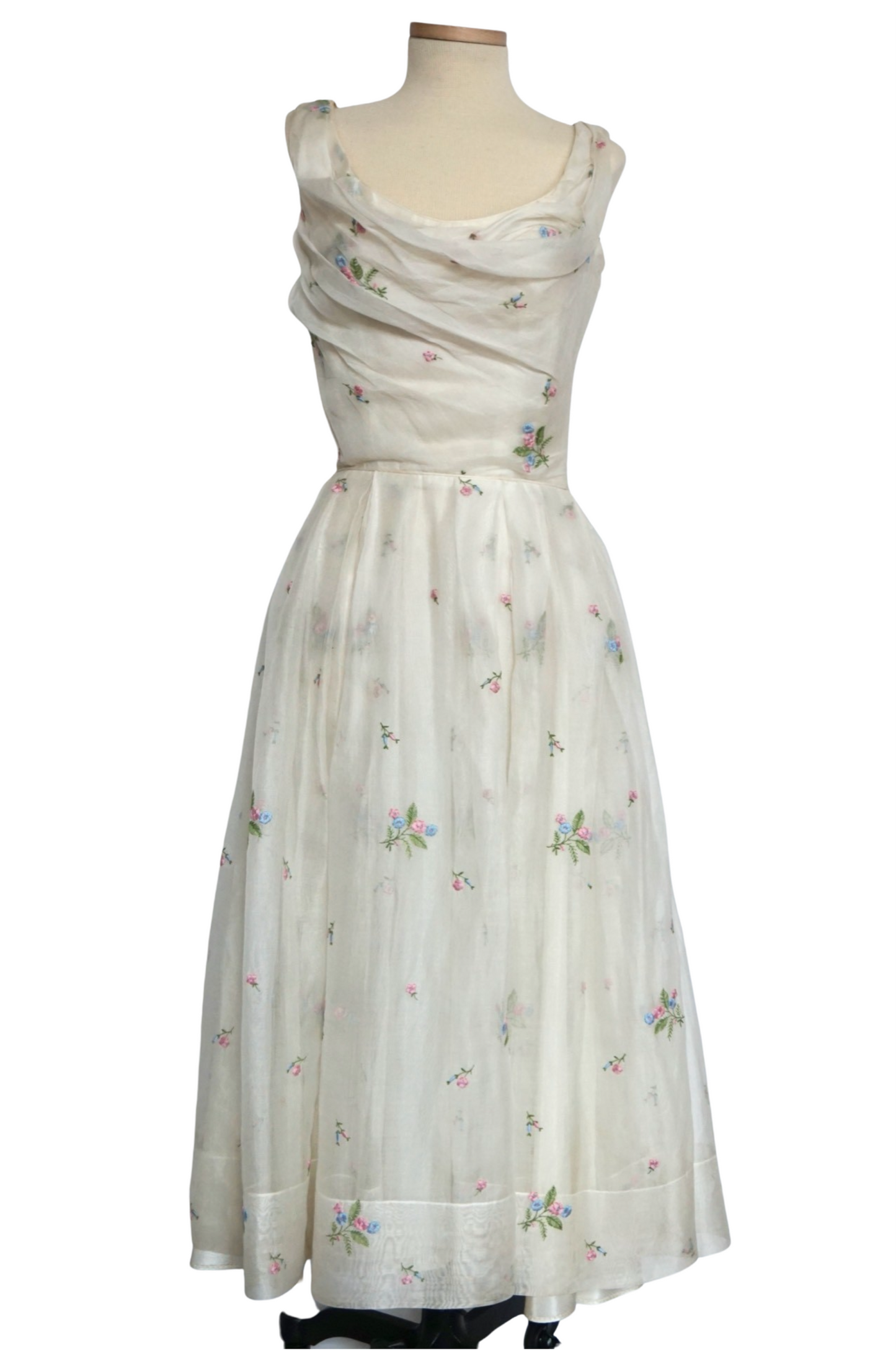 Ceil Chapman 1950's White Linen Dress with Embroidered Flowers