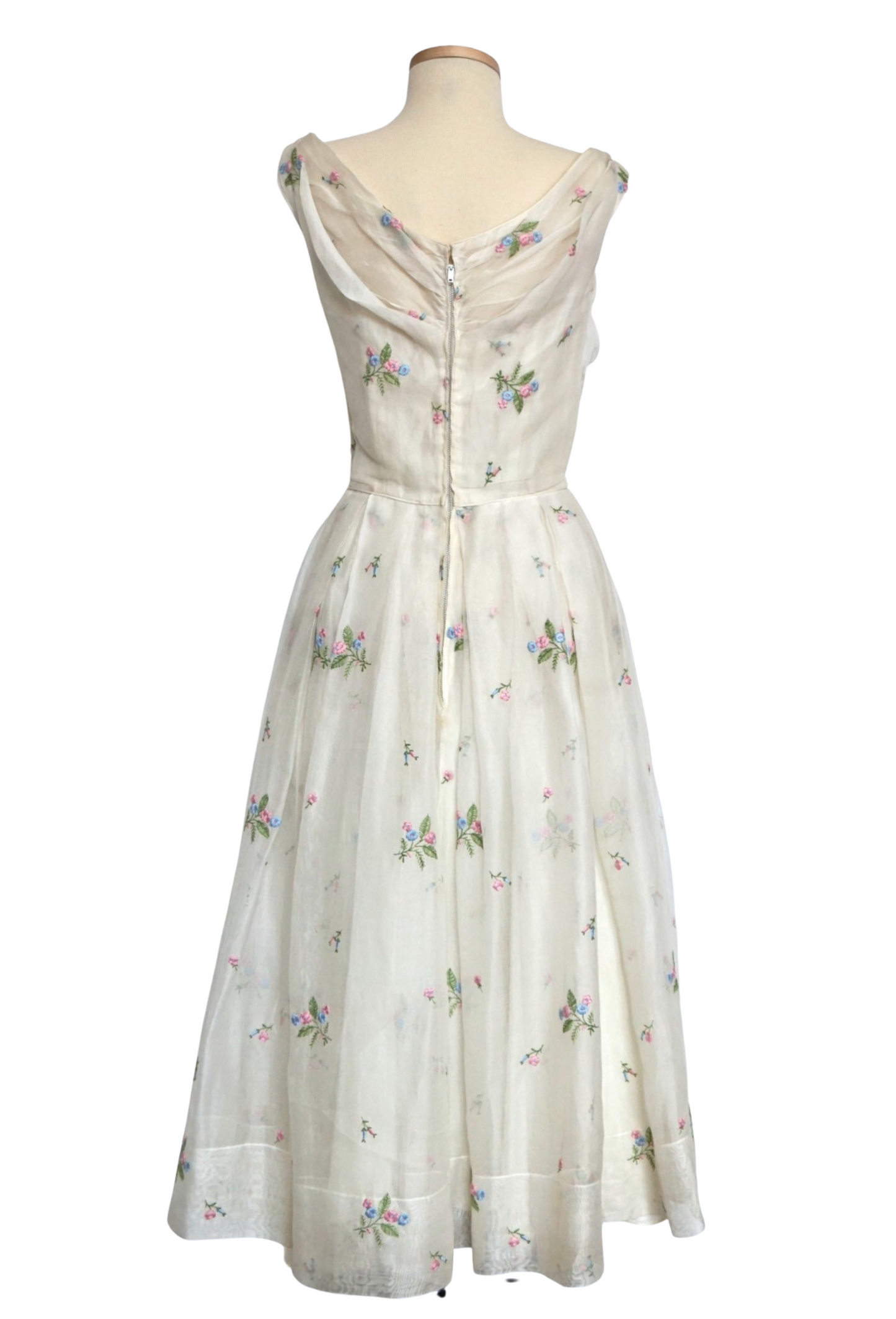 Ceil Chapman 1950's White Linen Dress with Embroidered Flowers