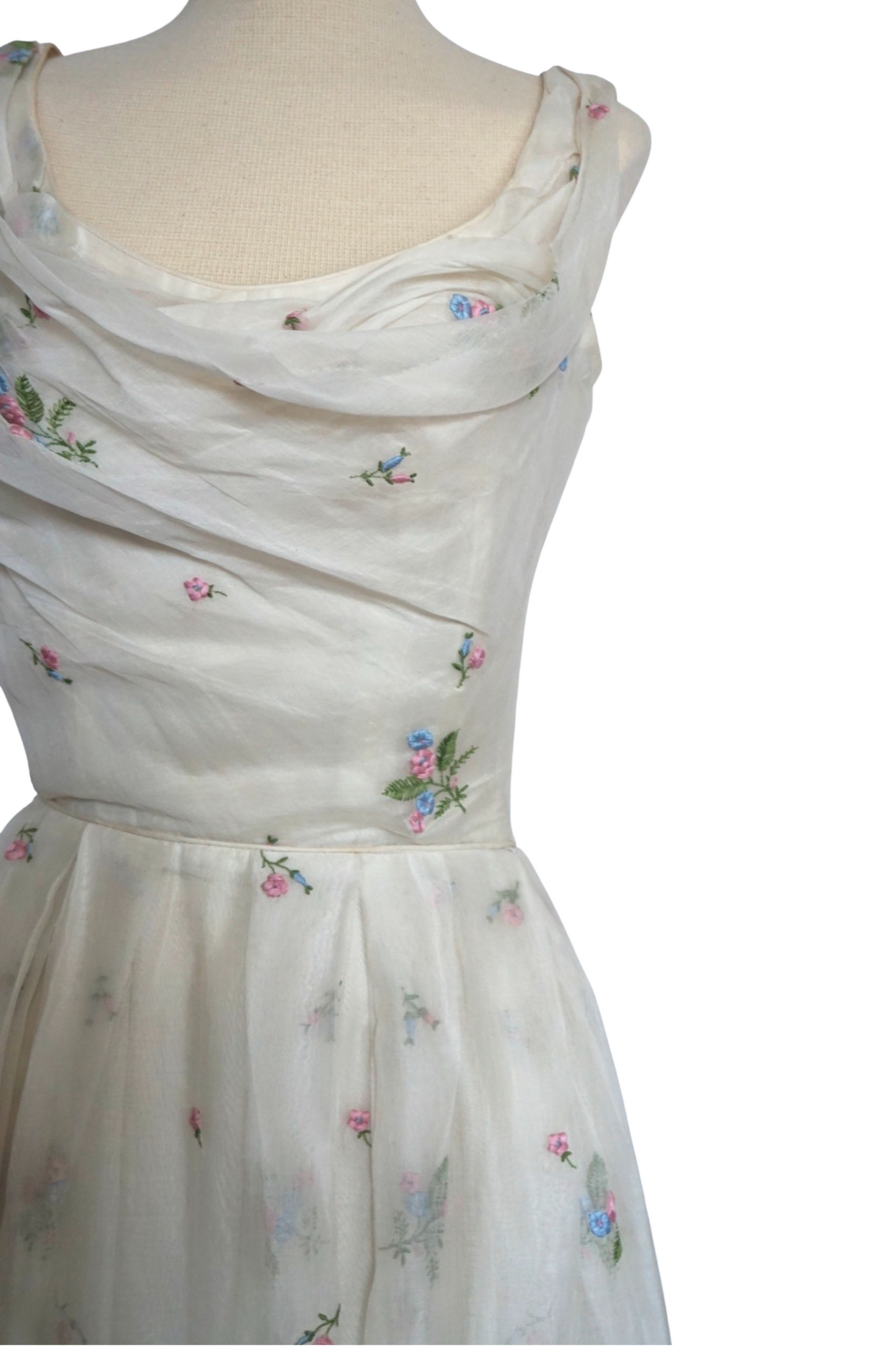 Ceil Chapman 1950's White Linen Dress with Embroidered Flowers