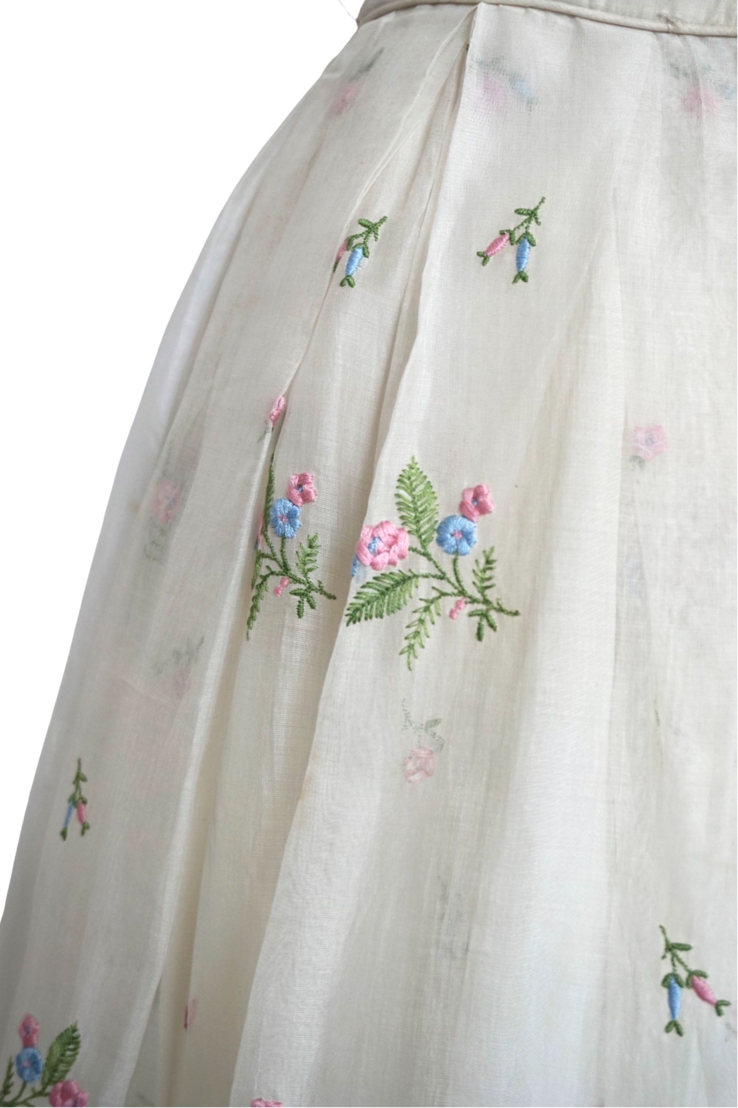 Ceil Chapman 1950's White Linen Dress with Embroidered Flowers