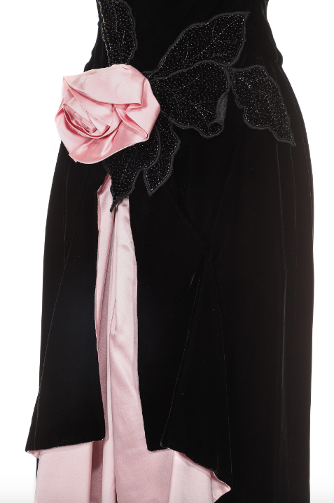 Paul-Louis Orrier Black Velvet Gown with Pink Silk Flower