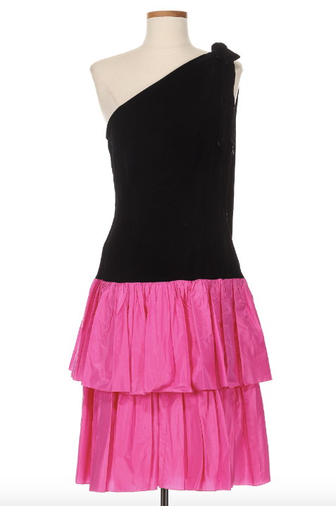 Christian Dior 1980's Black Velvet Dress with Pink Bottom