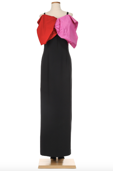 Bill Blass 1970's Black Evening Dress with Pink and Red Bow