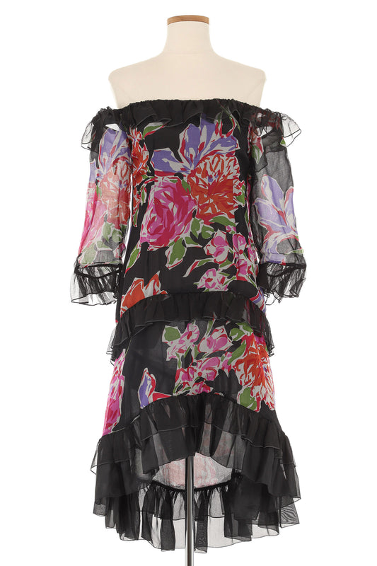 YSL Rive Gauche Fall 1987 Multi Color Floral Dress With Ruffled Bottom