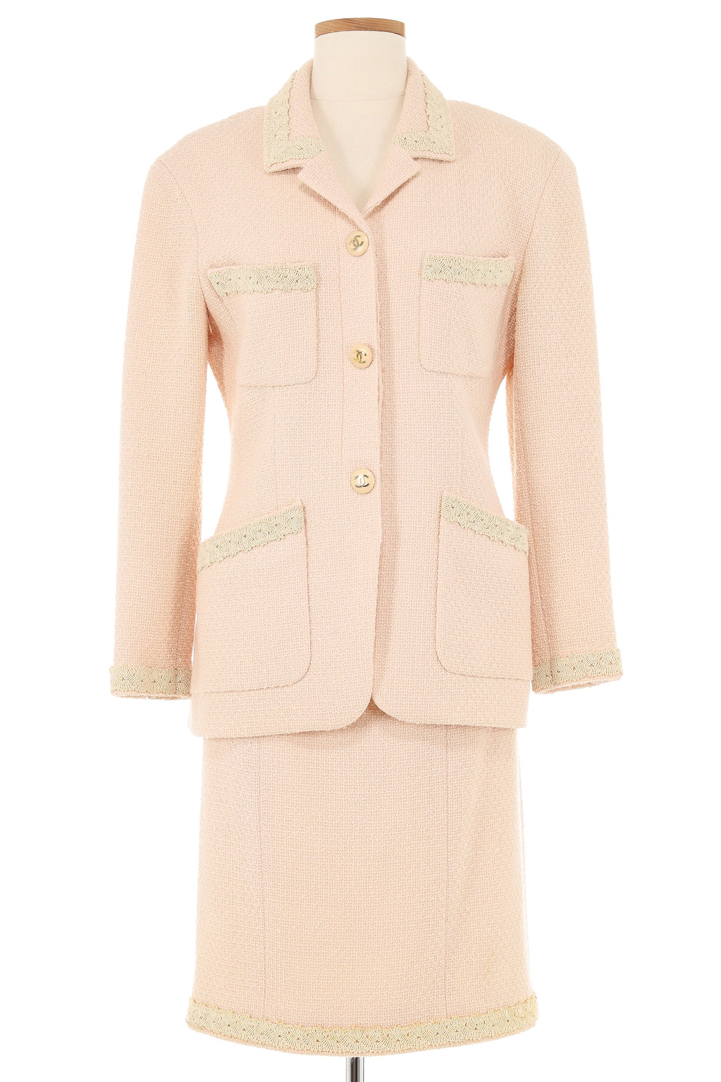 Chanel 1980s Light Pink Tweed with Cream Embroidery Skirt Suit