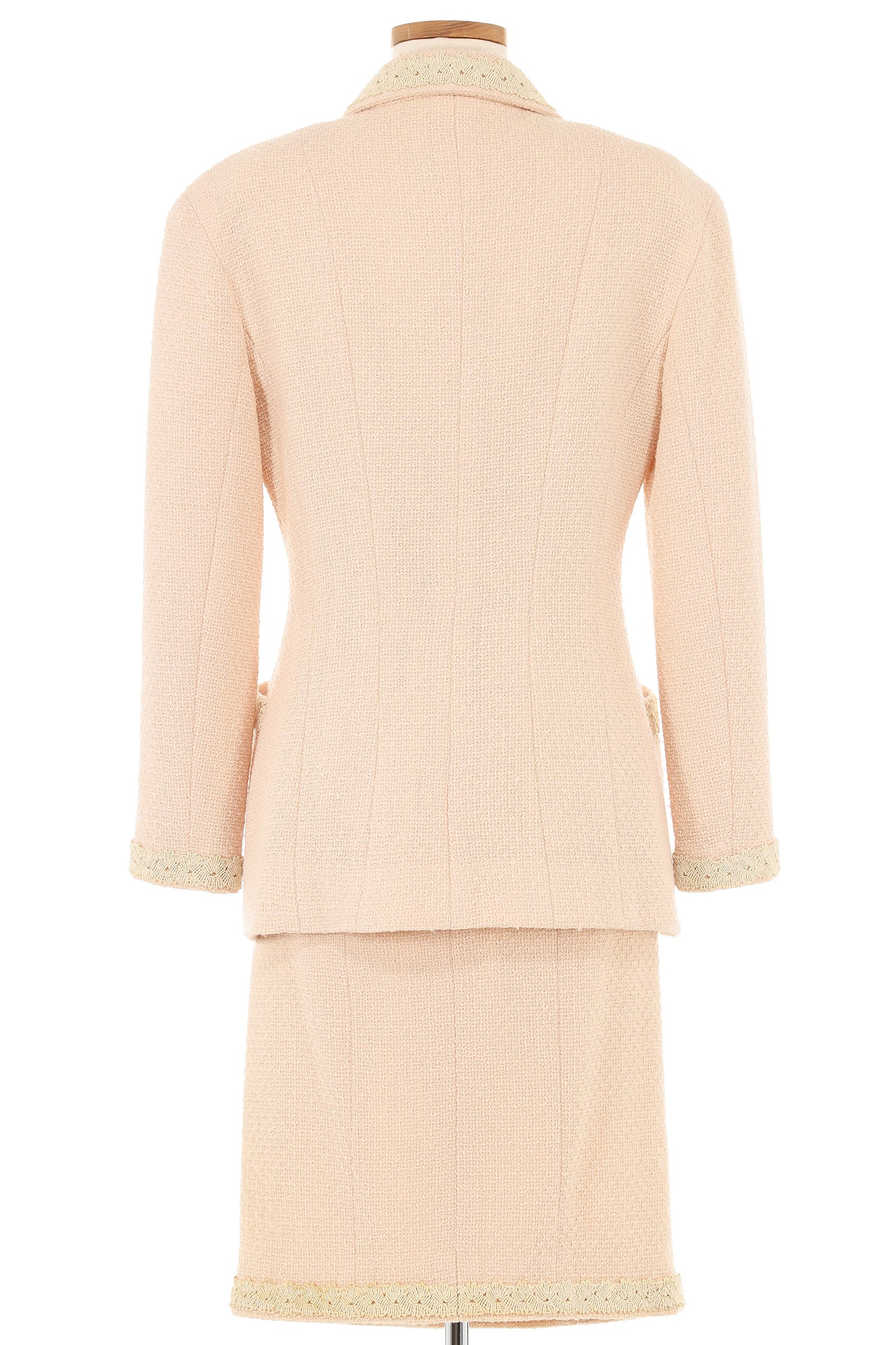 Chanel 1980s Light Pink Tweed with Cream Embroidery Skirt Suit