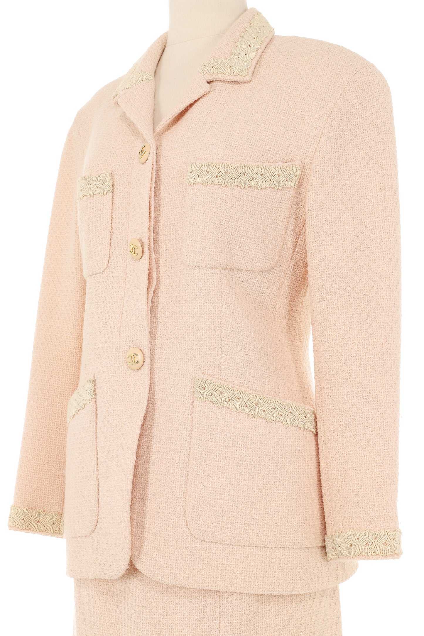 Chanel 1980s Light Pink Tweed with Cream Embroidery Skirt Suit