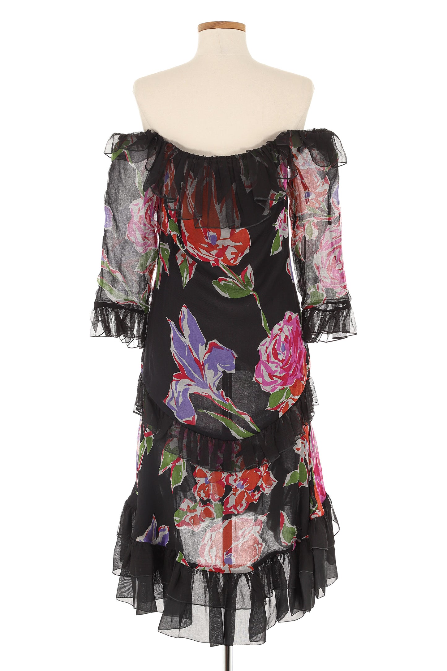 YSL Rive Gauche Fall 1987 Multi Color Floral Dress With Ruffled Bottom