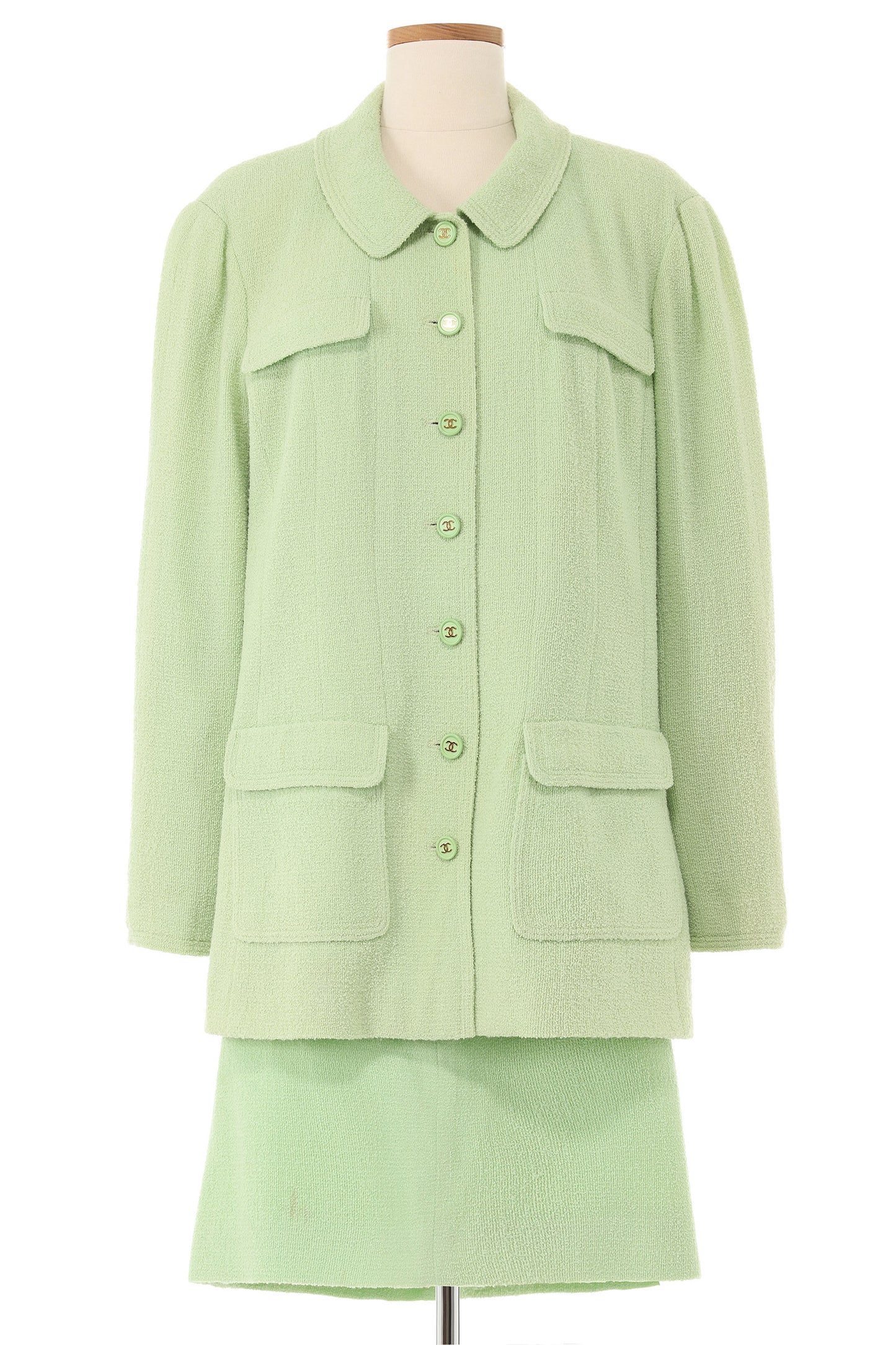 Chanel 1997 Green Tweed Skirt Suit With Green Chanel Buttons