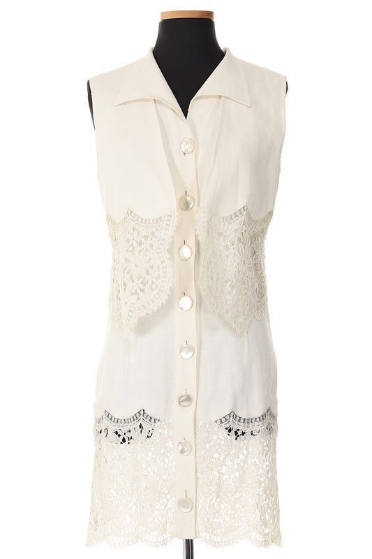 Valentino White Linen Dress With Lace Hem & Matching Vest